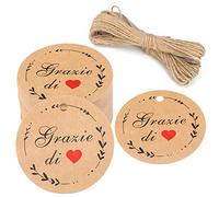 G2PLUS 100PCS Papier Kraft Etiquette Étiquettes Cadeau 5x5cm Etiquettes Kraft Étiquette Ronde Lettrage de Merci Italien Imprimé avec Ficelle pour Dragees Noël Anniversaire(Brun)