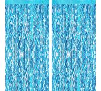 G2PLUS 2 Rideau Franges Vagues Bleu: Rideau Décoratif Métallique Effet ondulé pour Anniversaire Fille, Fête Sirène, Princesse des Glaces, Fond Photo Magique