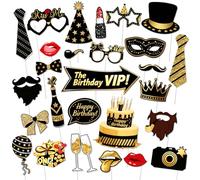 G2PLUS 32 Accessoires Photo Anniversaire Photobooth Noir et Or | Kit photobooth anniversaire noir et or avec 32 accessoires photo pour fête famille amis mariage soirée