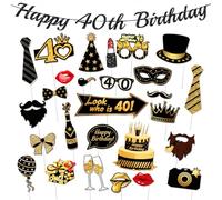 G2PLUS 32 Kit Photobooth 40 Ans Bannière Noire Accessoires Noir et Or
