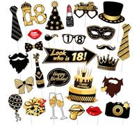 G2PLUS 32 Pcs Accessoires de Photomaton: Kit Photobooth 18 Ans Noir & Doré-DIY Fête Photo Booth Props Accessoires pour Fête Anniversaire Mariage Bal Disco Mardi Gras