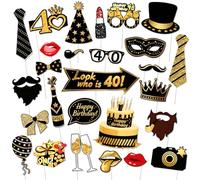 G2PLUS 32 Pcs Accessoires de Photomaton: Kit Photobooth 40 Ans Noir & Doré-DIY Fête Photo Booth Props Accessoires pour Fête Anniversaire Mariage Bal Disco Mardi Gras