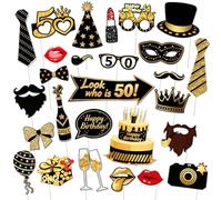 G2PLUS 32 Pcs Accessoires de Photomaton: Kit Photobooth 50 Ans Noir & Doré-DIY Fête Photo Booth Props Accessoires pour Fête Anniversaire Mariage Bal Disco Mardi Gras