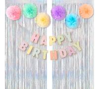 G2PLUS 9 Kit Décoration Anniversaire Argent avec Guirlande Happy Birthday | Guirlande Joyeux Anniversaire,1x2m Rideaux Fête,6 Pompons Papier pour Décoration Anniversaire Homme Femme Enfant,Fond Photo