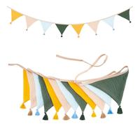 G2PLUS Guirland Fanion Banderole Fanion Tissu Beige et Gris 2.8M Fanions en Coton avec Franges,12 Triangle Décoration Double Face pour Le Baptême de bébé,Décoration de Chambre d'enfant