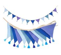 G2PLUS Guirland Fanion Banderole Fanion Tissu Bleu 2.8M Fanions en Coton avec Franges,12 Triangle Décoration Double Face pour Le Baptême de bébé,Décoration de Chambre d'enfant