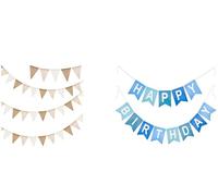 G2PLUS Guirlande de Fanions Triangulaires en Toile de Jute Dégradée Beige et Marron 12 m et Guirlande Papier “Happy Birthday” - Décoration d’Anniversaire et Fête
