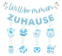 G2PLUS Guirlande « Welcome Home » à enfiler - Bleu pailleté | Bannière de bienvenue pour bébé garçon avec cigogne blanche et 8 décorations en spirale à suspendre, guirlande Welcome Home