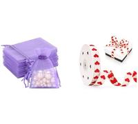 G2PLUS Lot 100 Sacs en Organza Violet Clair 7 x 9 cm avec Ruban en Coton Brodé Cœurs Rouge 1,5 cm x 9 m Emballage Cadeaux Saint Valentin Mariage