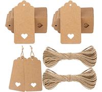 G2PLUS Lot de 100 Étiquettes Cadeaux en Papier Kraft 4,5 × 9 cm avec Cœur Découpé + 20 m de Ficelle en Jute - Étiquettes Suspendues pour Cadeaux, Mariage, Noël, Anniversaire, DIY
