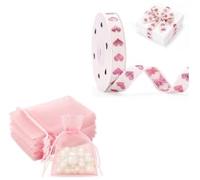 G2PLUS Lot de 50 Sacs en Organza Roses 7 x 9 cm avec Ruban Coton Brodé Cœurs Or Rose 1,5 cm x 9 m Emballage Cadeau Élégant Mariage Fête DIY