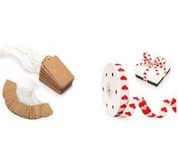 G2PLUS - Lot de 500 étiquettes kraft 25 × 45 mm avec ficelle + ruban coton cœurs 1,5 cm × 10 yards, pour marquage prix, emballage cadeau et création artisanale