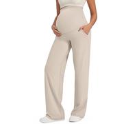 G4Free EverGoing Pantalon de maternité pour femme, pour yoga, travail, extensible, décontracté, grossesse, jambes larges avec poches, kaki clair, Small Petite