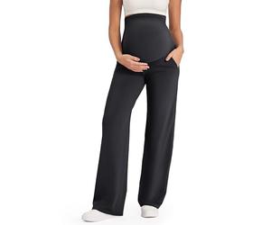 G4Free Pantalon de maternité au-dessus du ventre - Jambe large - Pantalon de yoga avec poches - Extensible - Pour le travail décontracté, noir, Medium Petite