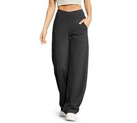 G4Free Pantalon de yoga pour femme à jambes larges, taille haute croisée avec poches, pantalon décontracté et extensible pour femme, tailles petite/régulière/grande, Noir , L