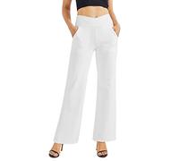 G4Free Pantalon de yoga pour femme - Pantalon de jogging long et large - Taille haute - Crossover - Élégant - Pantalon droit - Contrôle du ventre - Pantalon de sport avec poches, blanc/jardin opulent