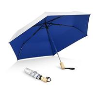G4Free Parapluie de voyage avec protection UV UPF 50+ avec poignée en bois, parapluie pliable léger de 106,7 cm, parapluie pliable à ouverture automatique (bleu)
