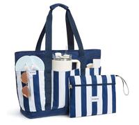 G4Free Sac de plage pliable de 35/50 l avec poches zippées, sac à main fourre-tout imperméable pour femme, compatible avec tasse Stanley, weekend, voyage, vacances, Bleu marine à rayures, 35L