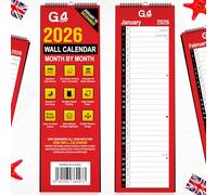 G4GADGET Calendrier mural fin 2026 - Planificateur à spirale à suspendre et organiseur mensuel | Design vertical rouge et blanc | Jours fériés britanniques, dates importantes et planificateur futur