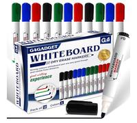 G4GADGET Lot de 12 marqueurs effaçables à sec pour tableau blanc, 4 couleurs assorties (noir, bleu, vert, rouge) - Stylos effaçables à sec pour l'école, le bureau et la salle de classe