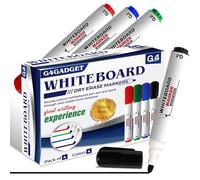 G4GADGET Lot de 4 marqueurs effaçables à sec pour tableau blanc, 4 couleurs assorties (noir, bleu, rouge, vert) - Marqueurs effaçables à sec pour l'école, le bureau et la salle de classe