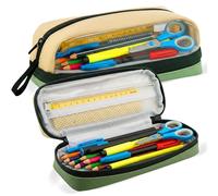 G4GADGET Trousse à Crayons de Grande capacité avec Compartiments | Fenêtre Transparente et Poche en Maille | Trousse à Crayons esthétique Beige Vert pour garçons, Filles, Adolescents, Adultes
