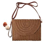 G4ZS5Z0G1 Pochette en paille tissée pour femme, sac à bandoulière, décontracté, plage, rotin, fait à la main, marron foncé, Taille unique