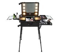 Gaabungky Mallette de maquillage avec poignée cachée à roulettes, 8 LED et 4 pieds de support, ignifuge, étanche, miroir HD, organisateur de cosmétiques portable pour les voyages et les professionnels