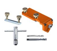 Gabarit de guidage profilé en aluminium avec butée réglable pour taraudage M6/M8, compatible avec les extrusions de type 20/30/40, comprend un foret et un jeu de douilles (b)