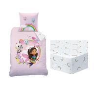Gabby et La Maison Magique Garden Ensemble Parure de Lit et Drap Housse | Enfant | 100% Coton | Oeko-TEX | Housse de Couette 140x200cm + 1 Taie d'oreiller 63x63cm + 1 Drap Housse 90x190cm (Rose)