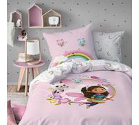 OMYDREAM Gabby ET LA Maison Magique Garden Parure de lit Enfant 1 Personne | 100% Coton | Oeko-TEX | Housse de Couette 140x200 cm + 1 Taie d'oreiller 63x63 cm | Imprimé Réversible Fille | Rose