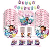 Gabby - Kit de décoration d'anniversaire pour maison de poupée, mélange de serviettes d'anniversaire, tasses, assiettes, nappe, fournitures de ballons pour chat Gabby, cadeaux de fête 62pcs set