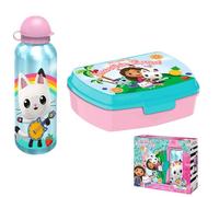 Gabby's Dollhouse Ensemble boîte à déjeuner et bouteille d'eau en aluminium pour enfants - Boîte à goûter en plastique sans BPA et bouteille de sport étanche de 500 ml - Ensemble à déjeuner léger et