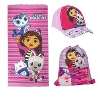 Ensemble pour enfants Gabby's Dollhouse - Rose et lilas - Comprend un sac en tissu, une serviette et un chapeau - Gabby, Pandy Paws et Kitty Fairy Print - Produit Original Fabriqué en Espagne