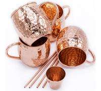 Gadgy Set Moscow Mule en Cuivre - Ensemble de Verres à Cocktail avec 4 Gobelets Fait Main - 4 Pailles et Doseur Inclus - Coffret Cadeau Premium