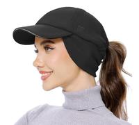 GADIEMKENSD Women's Fleece Ponytail Hat Reflective Winter Hat with Earflaps Trapper Hat with Drop Down Ear Warmers Adjustable Baseball Cap Beanie for Skiing Snowboarding Hiking Running Black