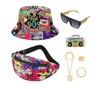 GADITIEK 7 Pièces Accessoires Années 80, Tenue Homme de Proxénète Gangster Hip Hop Rapper avec Chapeau de Pêcheur Goldkette - Costume Carnaval