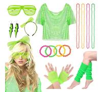 GADITIEK Déguisement Année 80 Femme 90, Deguisement Tenue Disco Annee 80 Robe, Rose Accessoire Fluo Soirée, Deguisement Madonna, Costume Annee 80 Femme,Vetement Annee 80 Disco (Vert)