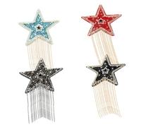 Gadpiparty 4 Pièces Patch Autocollant Étoile Pentagramme Strass avec Perles et Pompons Adhésif Thermofusible à Eau et Haute Température Set de Colorées pour Décoration Diy Vêtements Sacs et