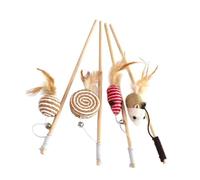 Gadpiparty 4pièces Bâton Chat Interactif Lot avec Souris Plume Clochette Bois Naturel pour Intérieur Chat Actif et Amusant Plusieurs Styles
