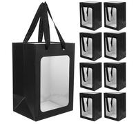 Gadpiparty Lot de 12 Paquet Présents à Main avec Fenêtre Transparente, Papier Kraft Noir 18x13x25 Cm, Pochette Présent Réutilisable, pour Emballage Fête, Anniversaire et Décoration