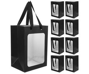 Gadpiparty Lot de 12 Paquet Présents à Main avec Fenêtre Transparente, Papier Kraft Noir 18x13x25 Cm, Pochette Présent Réutilisable, pour Emballage Fête, Anniversaire et Décoration