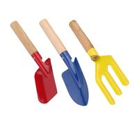 Gadpiparty Lot de 3 Outils de Plantation pour Jardinage Manches en Bois Pelle Pointue Bleue, Pelle Carrée Rouge et Fourche à Trois Dents Outils à Main Compacts pour Désherbage