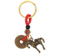 Gadpiparty Porte-clés Feng Shui en laiton avec pendentif cheval porte-bonheur avec pièces du zodiaque chinois, ornement à suspendre pour richesse et sécurité, accessoire de rétroviseur