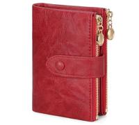 GAEKEAO Petit portefeuille en cuir pour femme avec blocage RFID à deux volets, double poches zippées, porte-cartes avec 2 fenêtres pour carte d'identité, Rouge, Classique