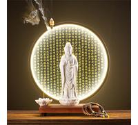 GAENZA Statue De Bouddha Kwan Yin en Céramique, Brûleur D'encens D'intérieur avec Anneau Lumineux LED, Figurine De Bouddha Décorative en Bonsaï, Décoration De Jardin pour La Maison Et Le Bureau,12