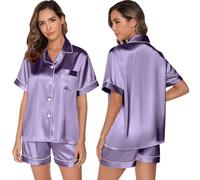 GAESHOW Ensemble de Pyjama Deux pièces en Satin de Soie pour Femme, avec Haut à Manches Courtes et Boutons