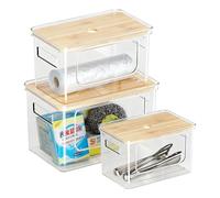 GAESHOW Lot de 3 distributeurs de sacs poubelle empilables avec couvercle en bambou, organisateur pour garde-manger et stockage, transparent