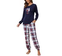 GAESHOW Pyjama Ensemble Haut et Bas Vêtement Intérieur Femme, Hiver Chaud Ensemble de Pyjama Femme Coton Col Ronde Manches Longues, T-Shirt Pantalon Taille Élastiquée avec Poches S-XXL