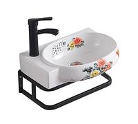 Gästetoilette Lavabo suspendu au mur, petit lavabo de vestiaire, ovale en céramique avec robinet noir et support métal, motif fleur pivoine chinoise moderne(Grand)